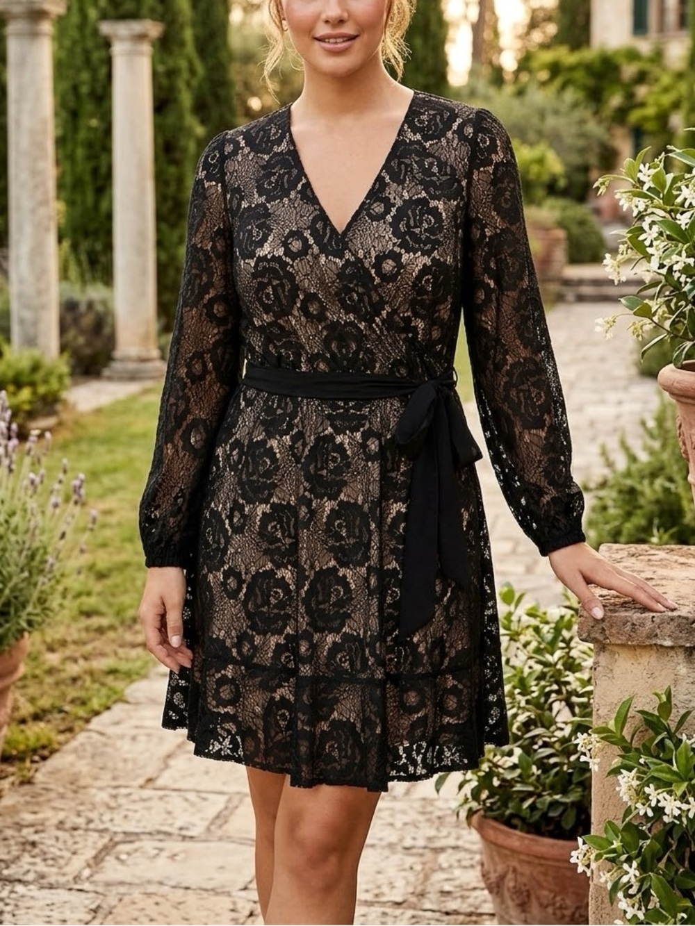 City Chic Black Lace Wrap Dress with Belt NWT